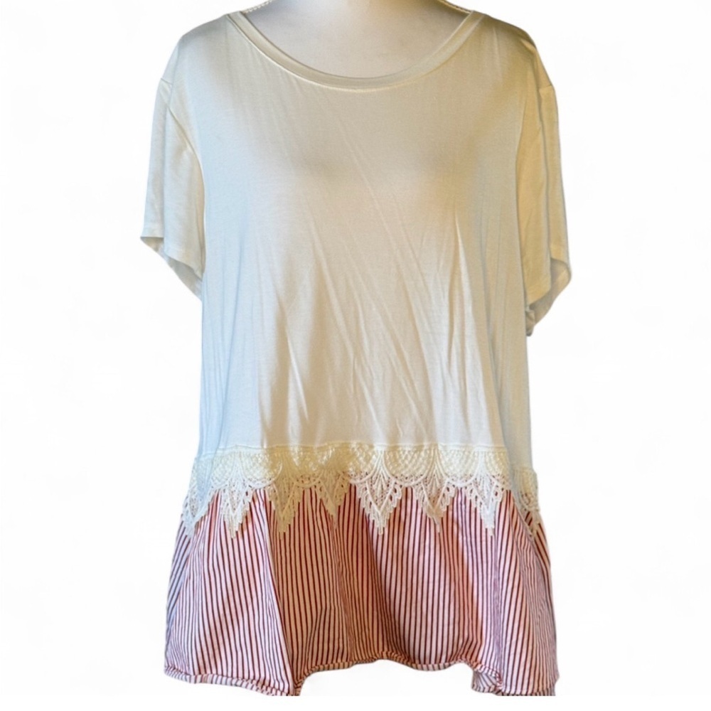 Maison Jules Lace Trim Bow Back Top XL Boho Striped Peplum Blouse